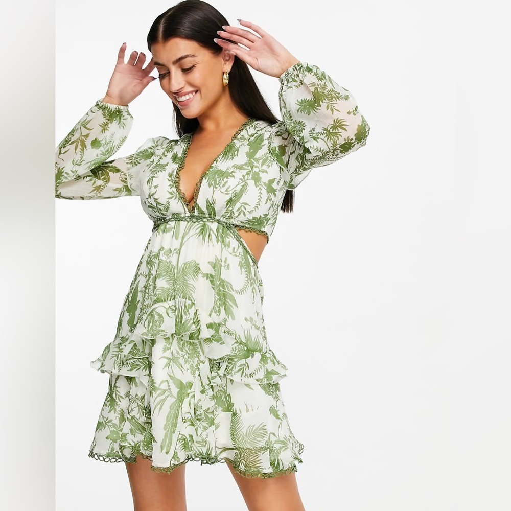 ASOS Mini Dress With Long Sleeve And Circle Trim In Green Print-multi